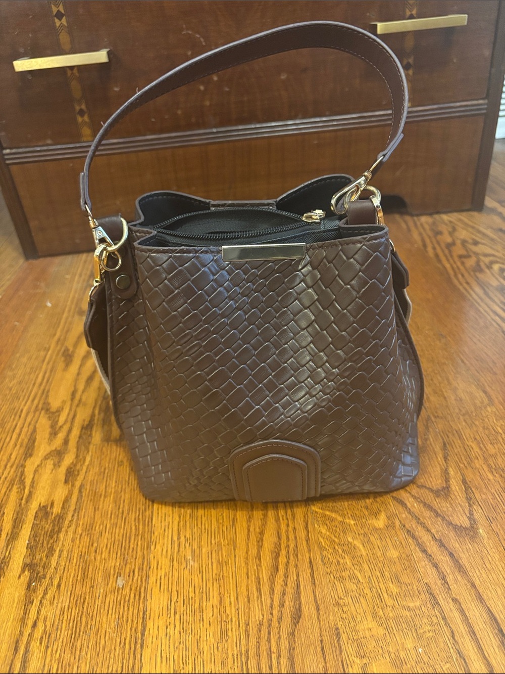 Woven Textured Brown Bucket Bag